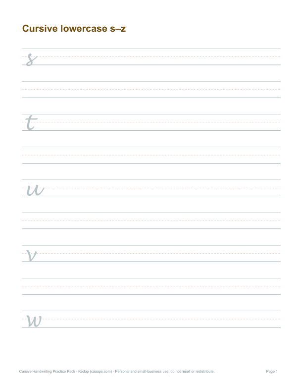 Preview of Printable Cursive Lowercase s–z Tracing