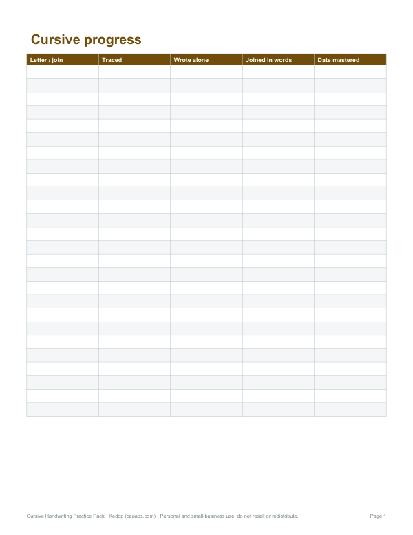 Preview of Printable Cursive Progress Chart